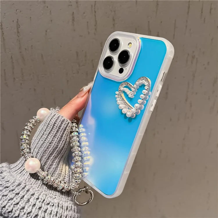 For iPhone 15 Pro Case Matte Laser Effect PC+TPU Pearls Heart Phone Cover with Hand Strap