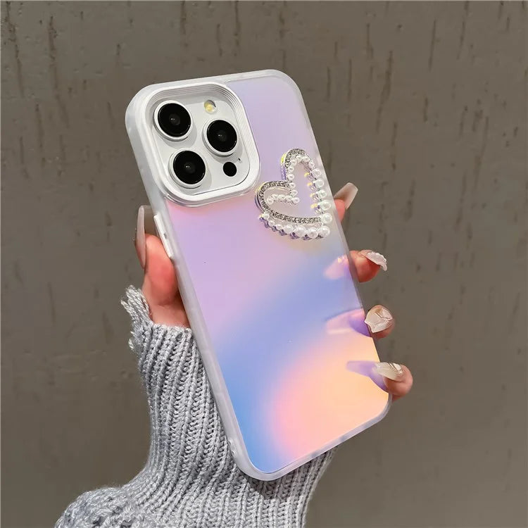 For iPhone 15 Pro Case Matte Laser Effect PC+TPU Pearls Heart Phone Cover with Hand Strap