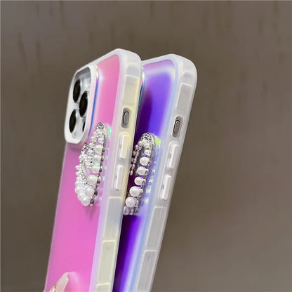 For iPhone 15 Pro Case Matte Laser Effect PC+TPU Pearls Heart Phone Cover with Hand Strap