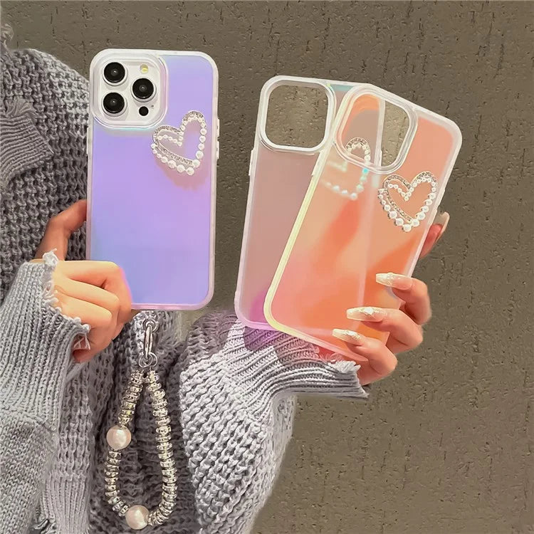 For iPhone 15 Pro Case Matte Laser Effect PC+TPU Pearls Heart Phone Cover with Hand Strap