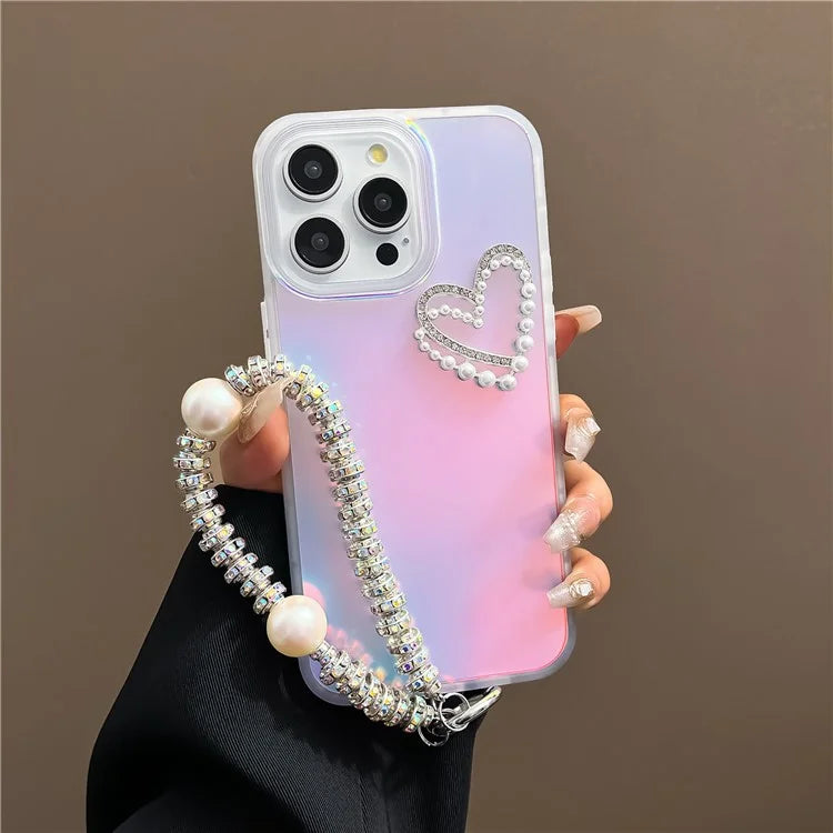 For iPhone 14 Pro Case with Wrist Strap Laser Effect PC+TPU Pearls Heart Decor Phone Protector