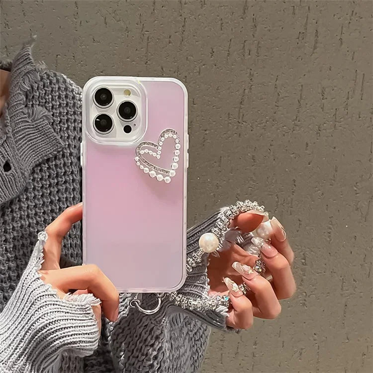 For iPhone 14 Pro Case with Wrist Strap Laser Effect PC+TPU Pearls Heart Decor Phone Protector