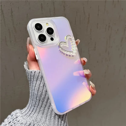 For iPhone 14 Pro Case with Wrist Strap Laser Effect PC+TPU Pearls Heart Decor Phone Protector