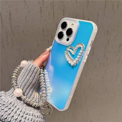 For iPhone 14 Pro Case with Wrist Strap Laser Effect PC+TPU Pearls Heart Decor Phone Protector
