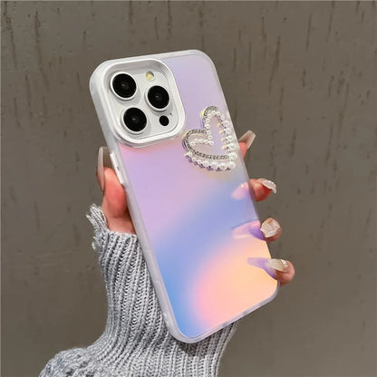 For iPhone 14 Pro Case with Wrist Strap Laser Effect PC+TPU Pearls Heart Decor Phone Protector