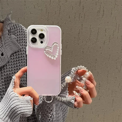 For iPhone 15 Pro Max Case Matte Laser Effect PC+TPU Pearls Heart Phone Cover with Hand Strap