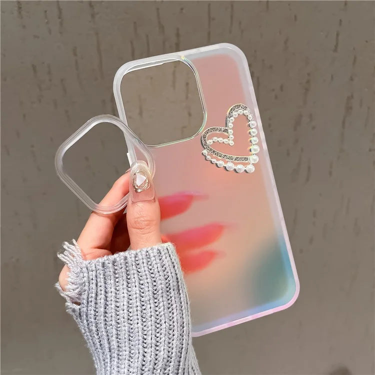 For iPhone 15 Pro Max Case Matte Laser Effect PC+TPU Pearls Heart Phone Cover with Hand Strap