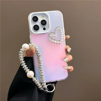 For iPhone 15 Pro Max Case Matte Laser Effect PC+TPU Pearls Heart Phone Cover with Hand Strap
