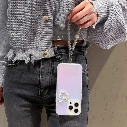 For iPhone 15 Pro Max Case Matte Laser Effect PC+TPU Pearls Heart Phone Cover with Hand Strap
