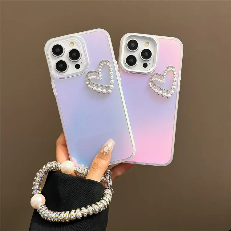 For iPhone 15 Pro Max Case Matte Laser Effect PC+TPU Pearls Heart Phone Cover with Hand Strap