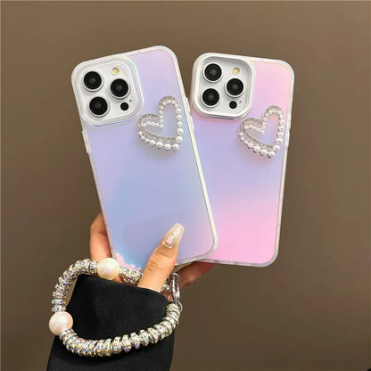 For iPhone 15 Pro Max Case Matte Laser Effect PC+TPU Pearls Heart Phone Cover with Hand Strap