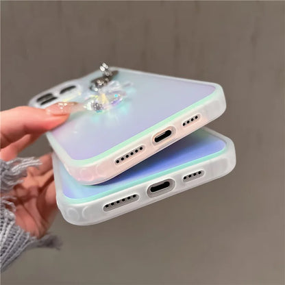 For iPhone 15 Pro Max PC+TPU Case Heart Bowknot Pendant Laser Effect Matte Phone Cover