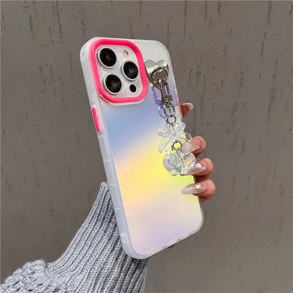 For iPhone 15 Pro Max PC+TPU Case Heart Bowknot Pendant Laser Effect Matte Phone Cover