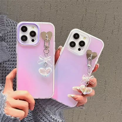 For iPhone 15 Pro Max PC+TPU Case Heart Bowknot Pendant Laser Effect Matte Phone Cover