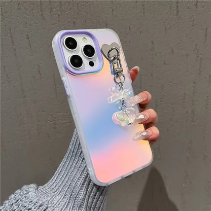 For iPhone 14 Pro Max Phone Case Heart Bowknot Pendant Laser Effect PC+TPU Cover