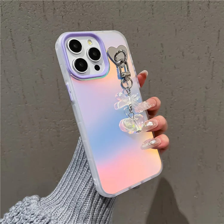 For iPhone 14 Pro Case Laser Effect Matte PC+TPU Phone Cover with Heart Bowknot Pendant