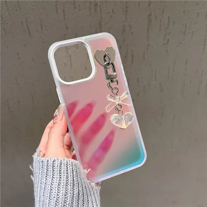 For iPhone 12 Pro Max Case Laser Effect Matte PC+TPU Phone Cover with Heart Bowknot Decor