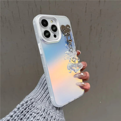 For iPhone 12 Pro Max Case Laser Effect Matte PC+TPU Phone Cover with Heart Bowknot Decor