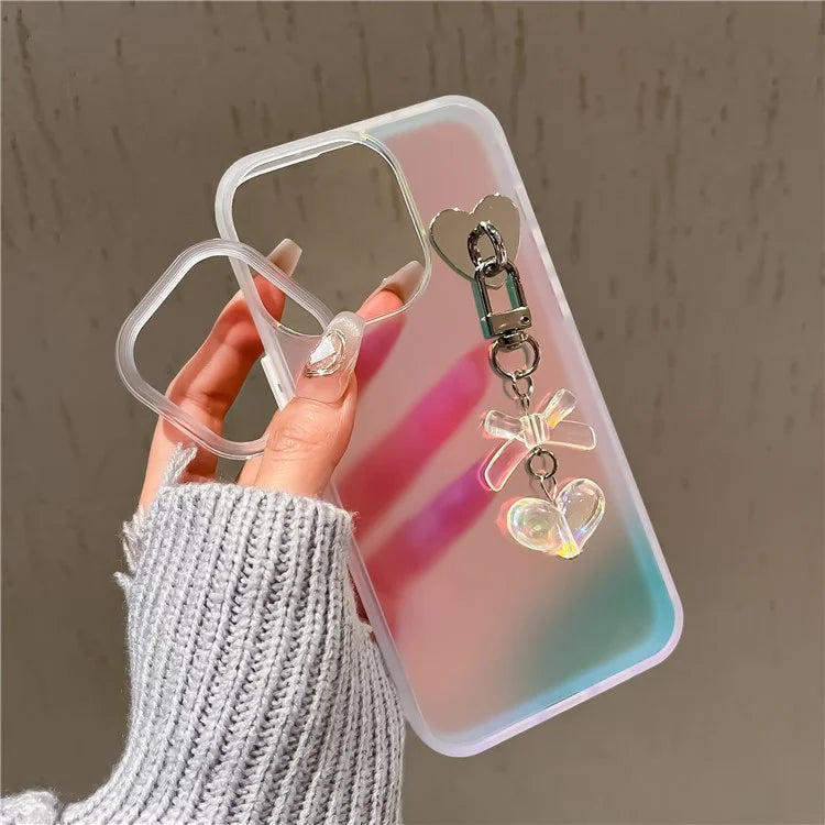 For iPhone 12 Pro Max Case Laser Effect Matte PC+TPU Phone Cover with Heart Bowknot Decor