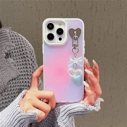 For iPhone 12 Pro Max Case Laser Effect Matte PC+TPU Phone Cover with Heart Bowknot Decor