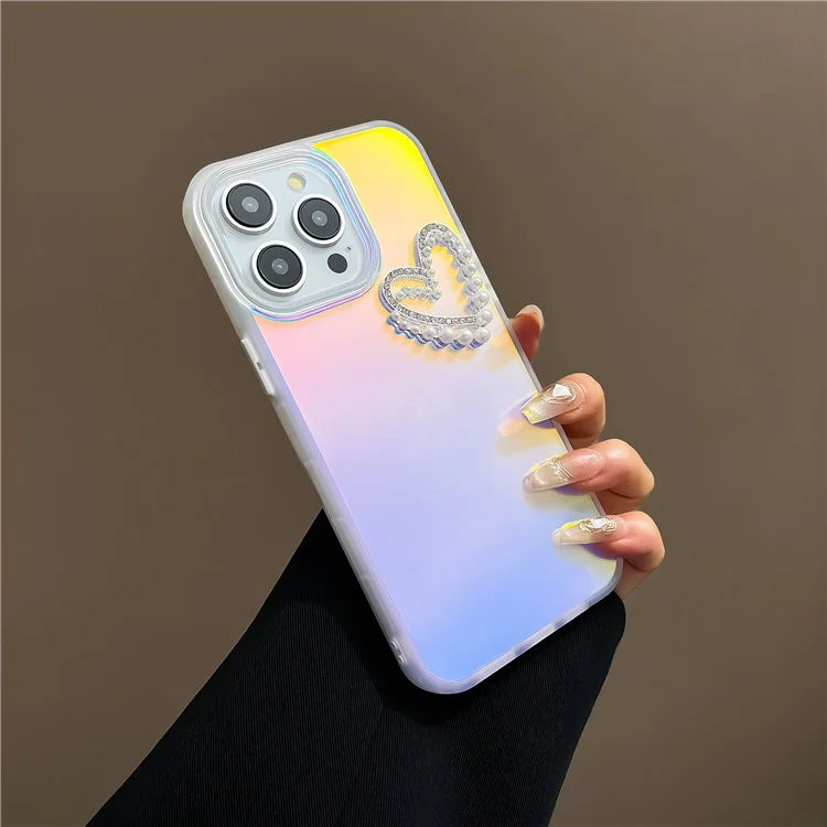 For iPhone 14 Pro Max Matte Case Laser Effect PC+TPU Phone Cover with Pearls Heart Decor