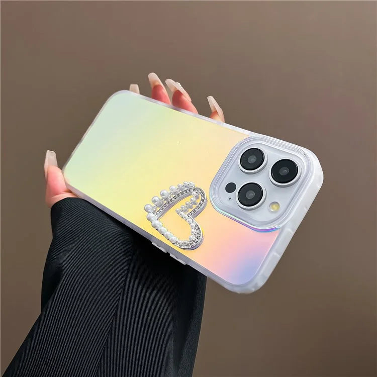 For iPhone 14 Pro Max Matte Case Laser Effect PC+TPU Phone Cover with Pearls Heart Decor