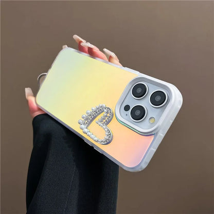 For iPhone 14 Pro Max Matte Case Laser Effect PC+TPU Phone Cover with Pearls Heart Decor