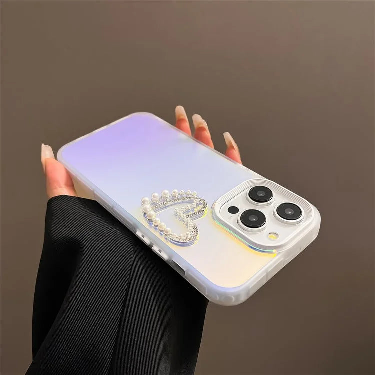 For iPhone 13 Pro Max Matte Laser Effect PC+TPU Phone Cover with Heart Pearl Decor