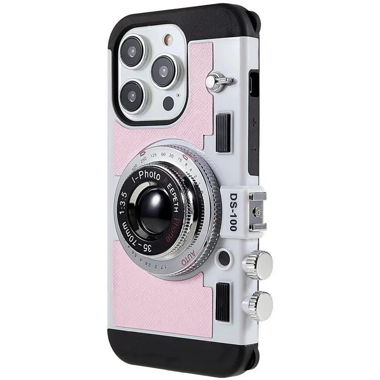 For iPhone 15 Pro Case with Neck Strap PU Leather+TPU+PC Vintage Camera Design Back Cover
