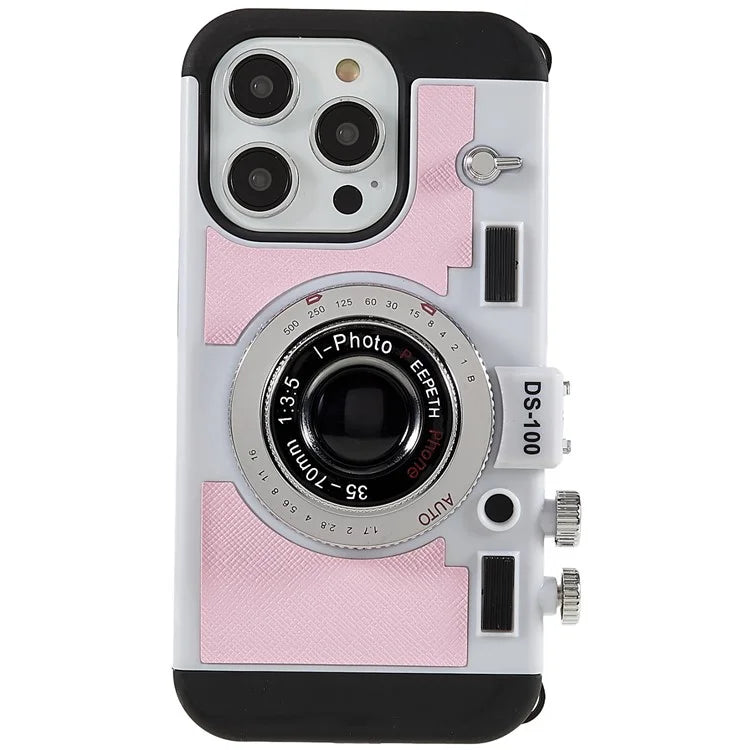 For iPhone 15 Pro Case with Neck Strap PU Leather+TPU+PC Vintage Camera Design Back Cover