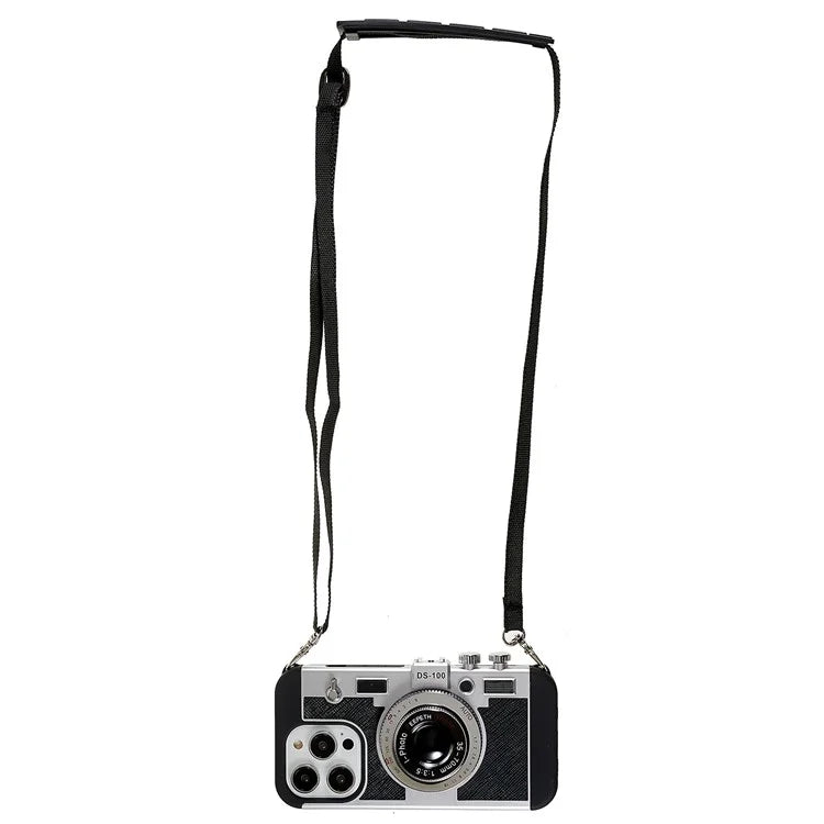 For iPhone 15 Pro Case with Neck Strap PU Leather+TPU+PC Vintage Camera Design Back Cover