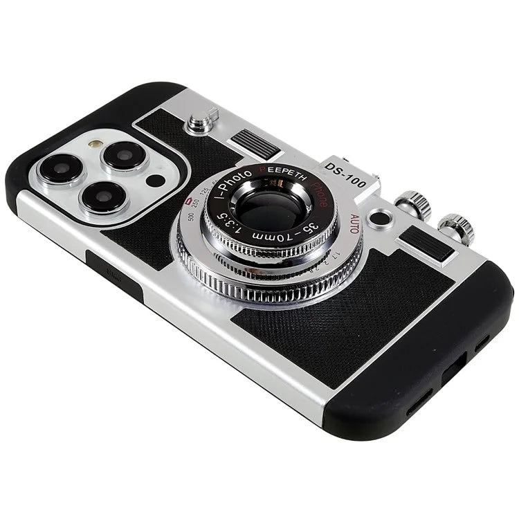 For iPhone 15 Pro Case with Neck Strap PU Leather+TPU+PC Vintage Camera Design Back Cover