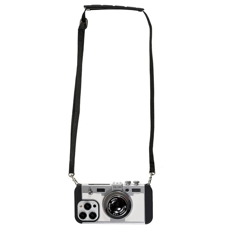 For iPhone 15 Pro Case with Neck Strap PU Leather+TPU+PC Vintage Camera Design Back Cover
