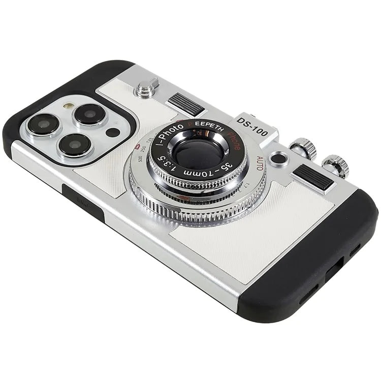 For iPhone 15 Pro Case with Neck Strap PU Leather+TPU+PC Vintage Camera Design Back Cover
