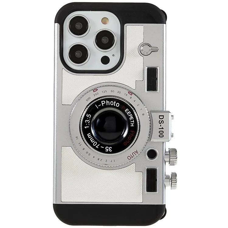 For iPhone 15 Pro Case with Neck Strap PU Leather+TPU+PC Vintage Camera Design Back Cover
