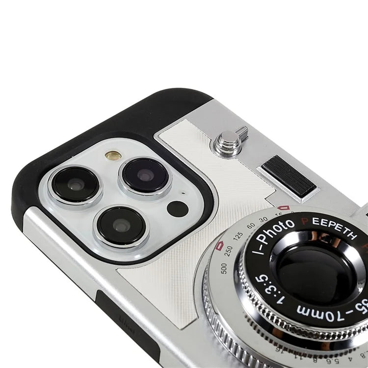 For iPhone 15 Pro Case with Neck Strap PU Leather+TPU+PC Vintage Camera Design Back Cover