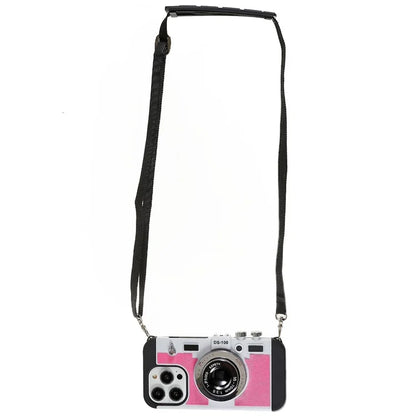 For iPhone 15 Pro Case with Neck Strap PU Leather+TPU+PC Vintage Camera Design Back Cover