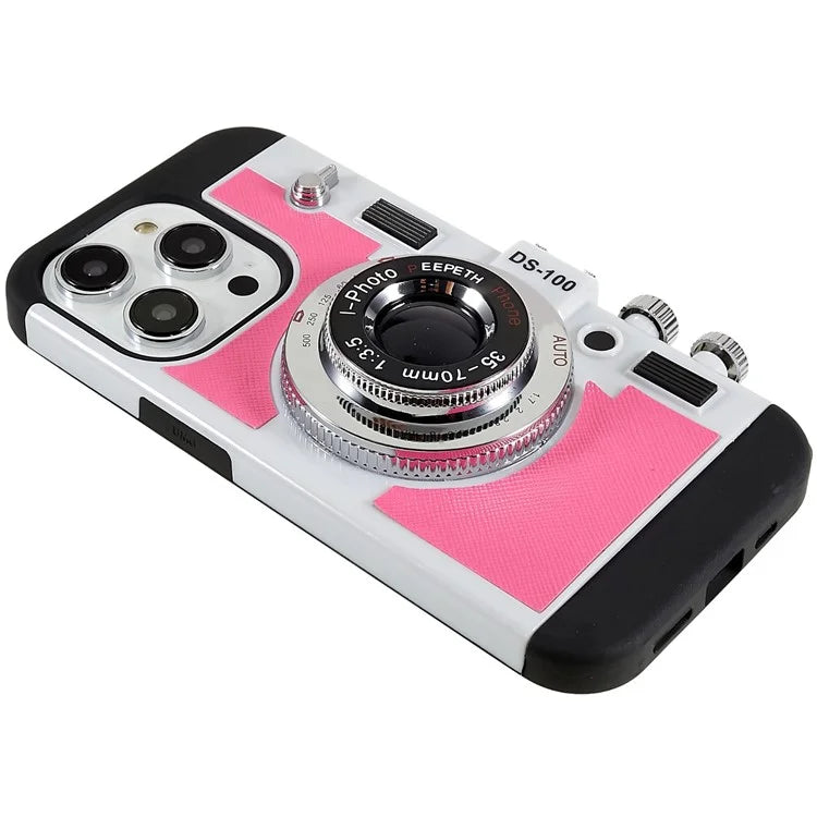 For iPhone 15 Pro Case with Neck Strap PU Leather+TPU+PC Vintage Camera Design Back Cover