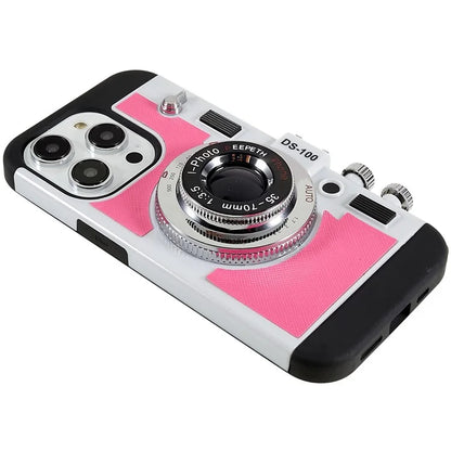 For iPhone 15 Pro Case with Neck Strap PU Leather+TPU+PC Vintage Camera Design Back Cover