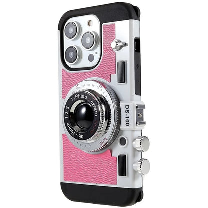 For iPhone 15 Pro Case with Neck Strap PU Leather+TPU+PC Vintage Camera Design Back Cover