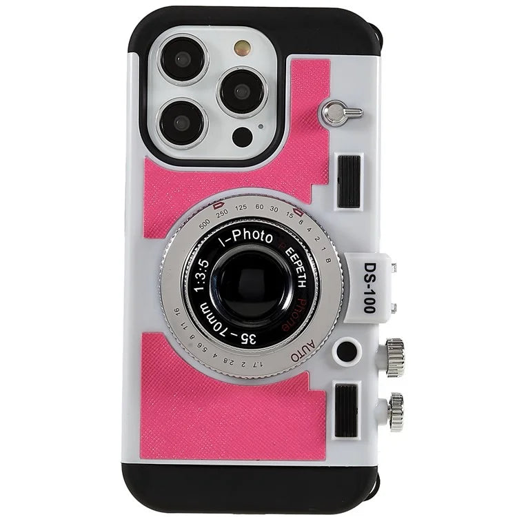 For iPhone 15 Pro Case with Neck Strap PU Leather+TPU+PC Vintage Camera Design Back Cover