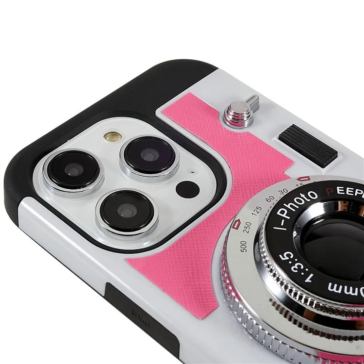 For iPhone 15 Pro Case with Neck Strap PU Leather+TPU+PC Vintage Camera Design Back Cover