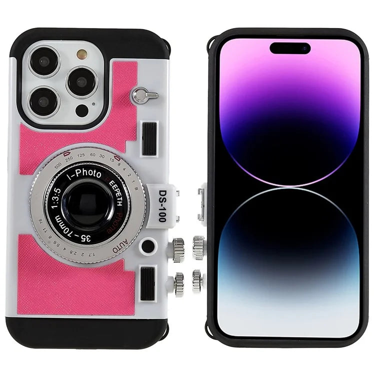 For iPhone 15 Pro Max Case with Lanyard Leather+TPU+PC Phone Cover Camera Design