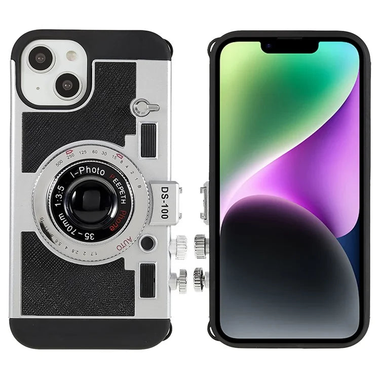 For iPhone 15 Plus Phone Case Vintage Style Camera Design Bump Proof Shell with Crossbody Strap