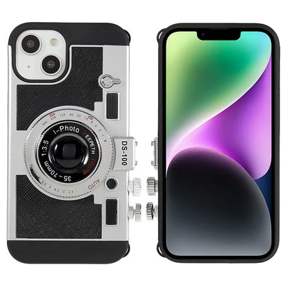 For iPhone 15 Plus Phone Case Vintage Style Camera Design Bump Proof Shell with Crossbody Strap