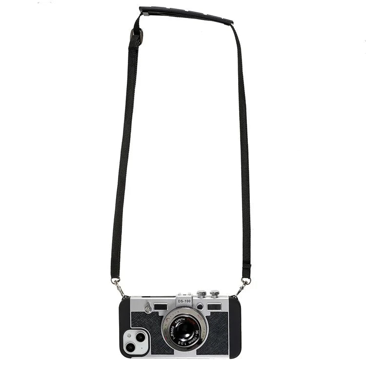 For iPhone 15 Plus Phone Case Vintage Style Camera Design Bump Proof Shell with Crossbody Strap
