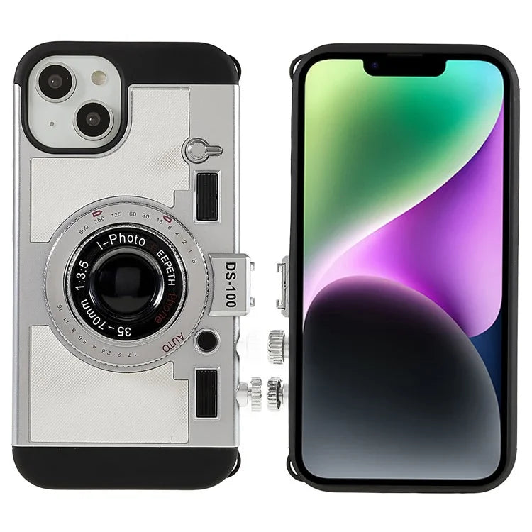 For iPhone 15 Plus Phone Case Vintage Style Camera Design Bump Proof Shell with Crossbody Strap