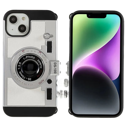 For iPhone 15 Plus Phone Case Vintage Style Camera Design Bump Proof Shell with Crossbody Strap