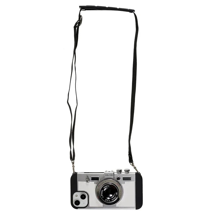 For iPhone 15 Plus Phone Case Vintage Style Camera Design Bump Proof Shell with Crossbody Strap
