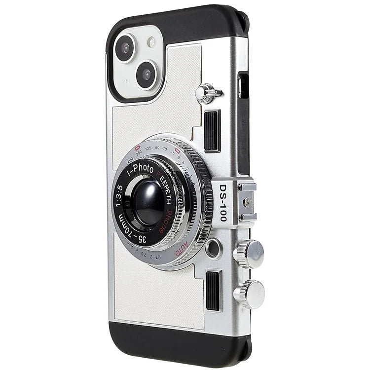 For iPhone 15 Plus Phone Case Vintage Style Camera Design Bump Proof Shell with Crossbody Strap